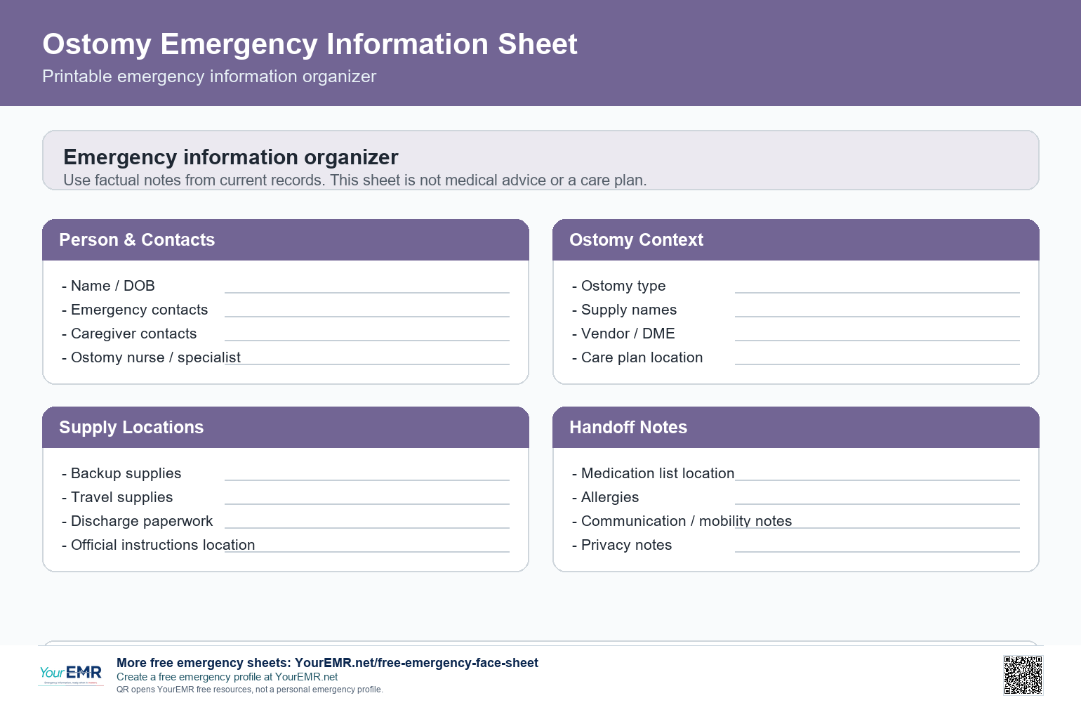 Preview of the YourEMR ostomy emergency information sheet.