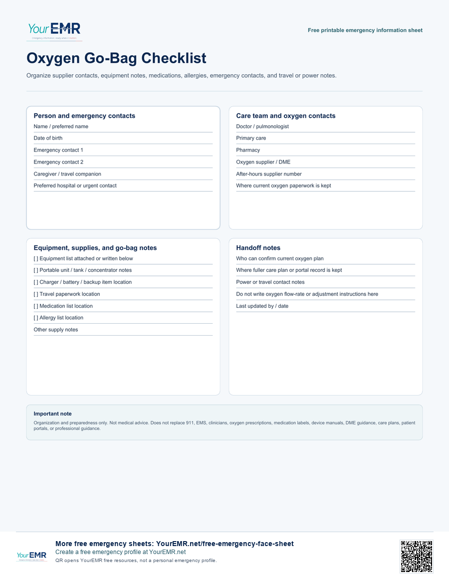 Preview of the YourEMR oxygen go-bag checklist printable.