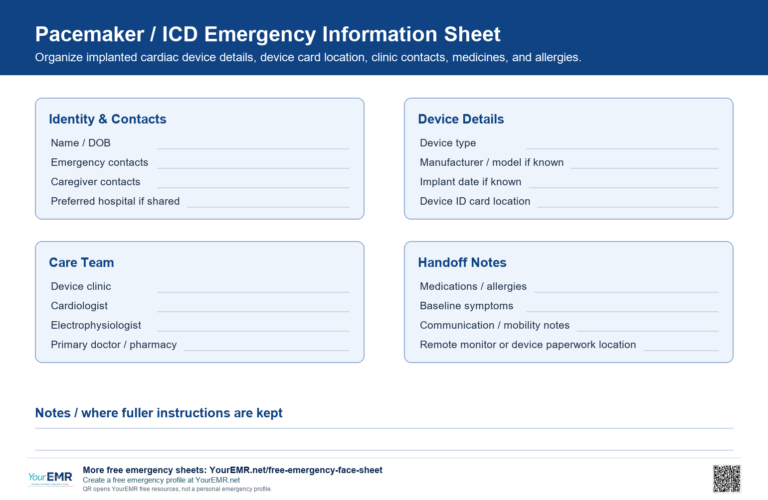 Preview of the YourEMR pacemaker and ICD emergency information sheet.