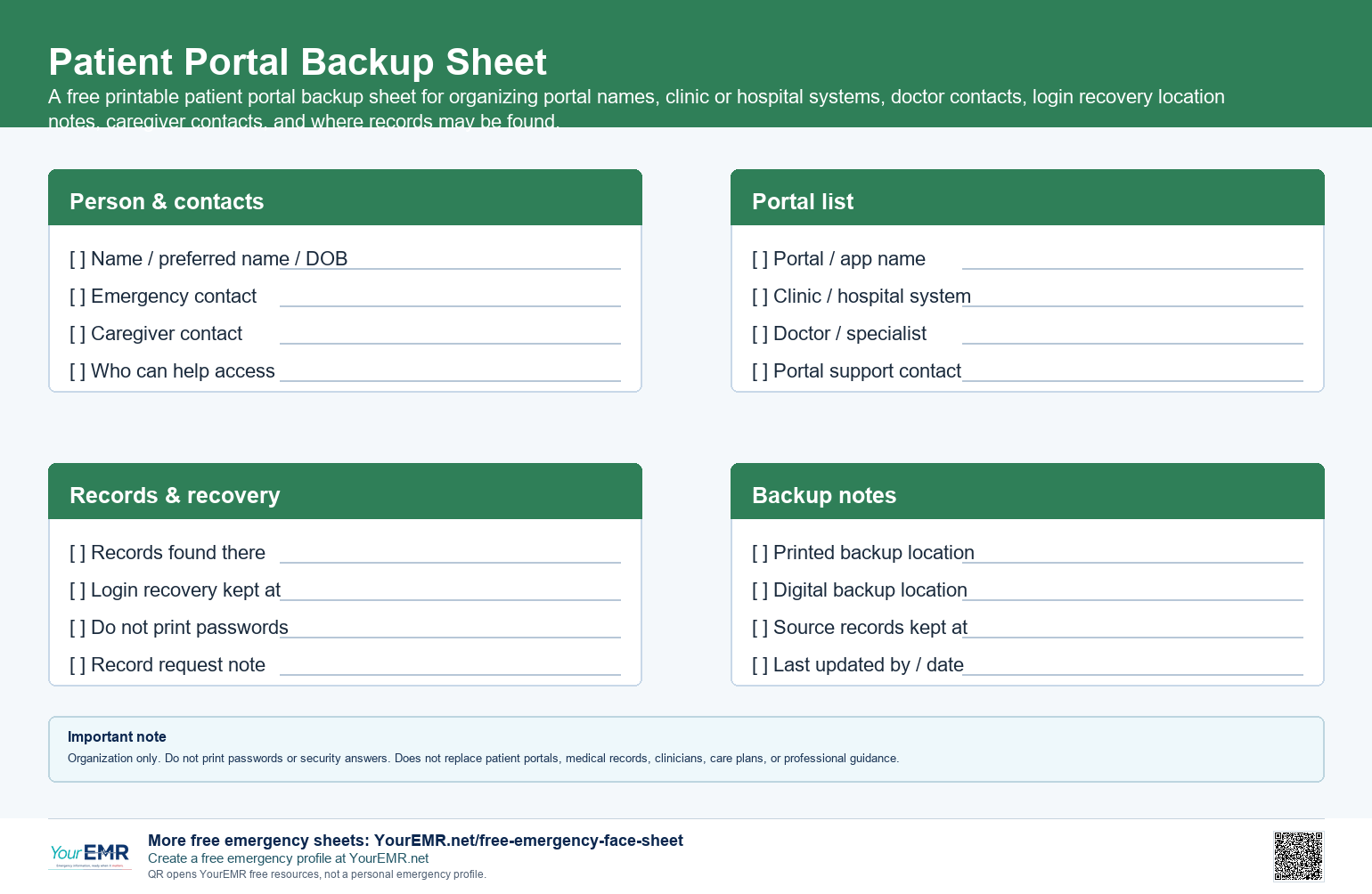Preview of the YourEMR patient portal backup sheet printable.