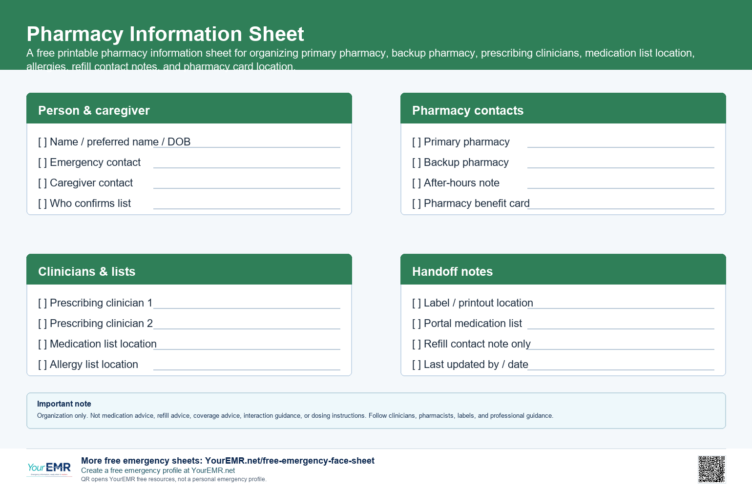 Preview of the YourEMR pharmacy information sheet printable.