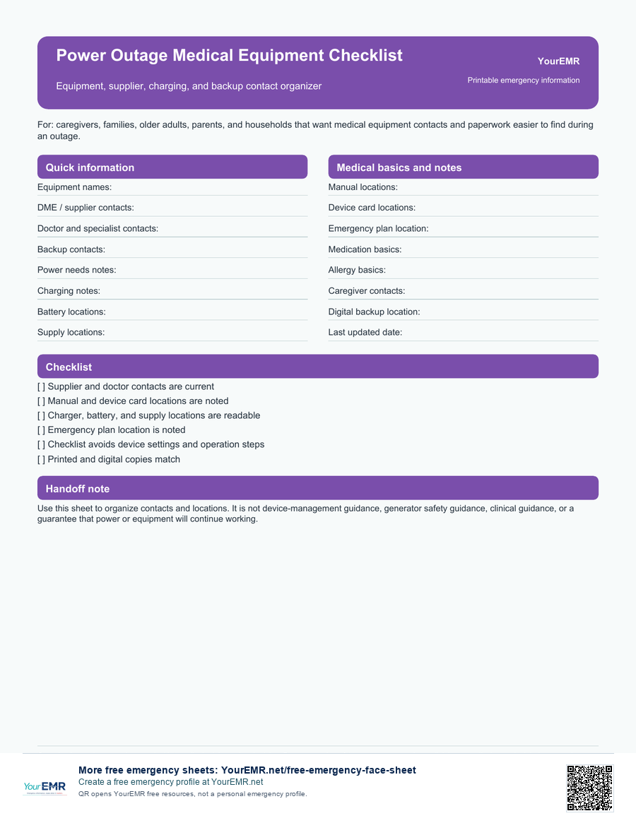 Preview of the YourEMR power outage medical equipment checklist printable.