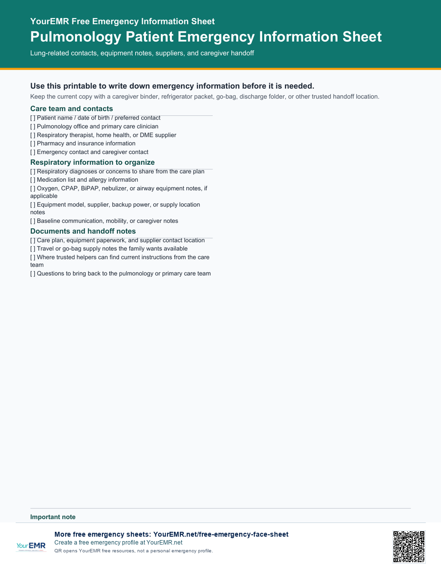 Preview of the YourEMR pulmonology patient emergency information sheet printable.
