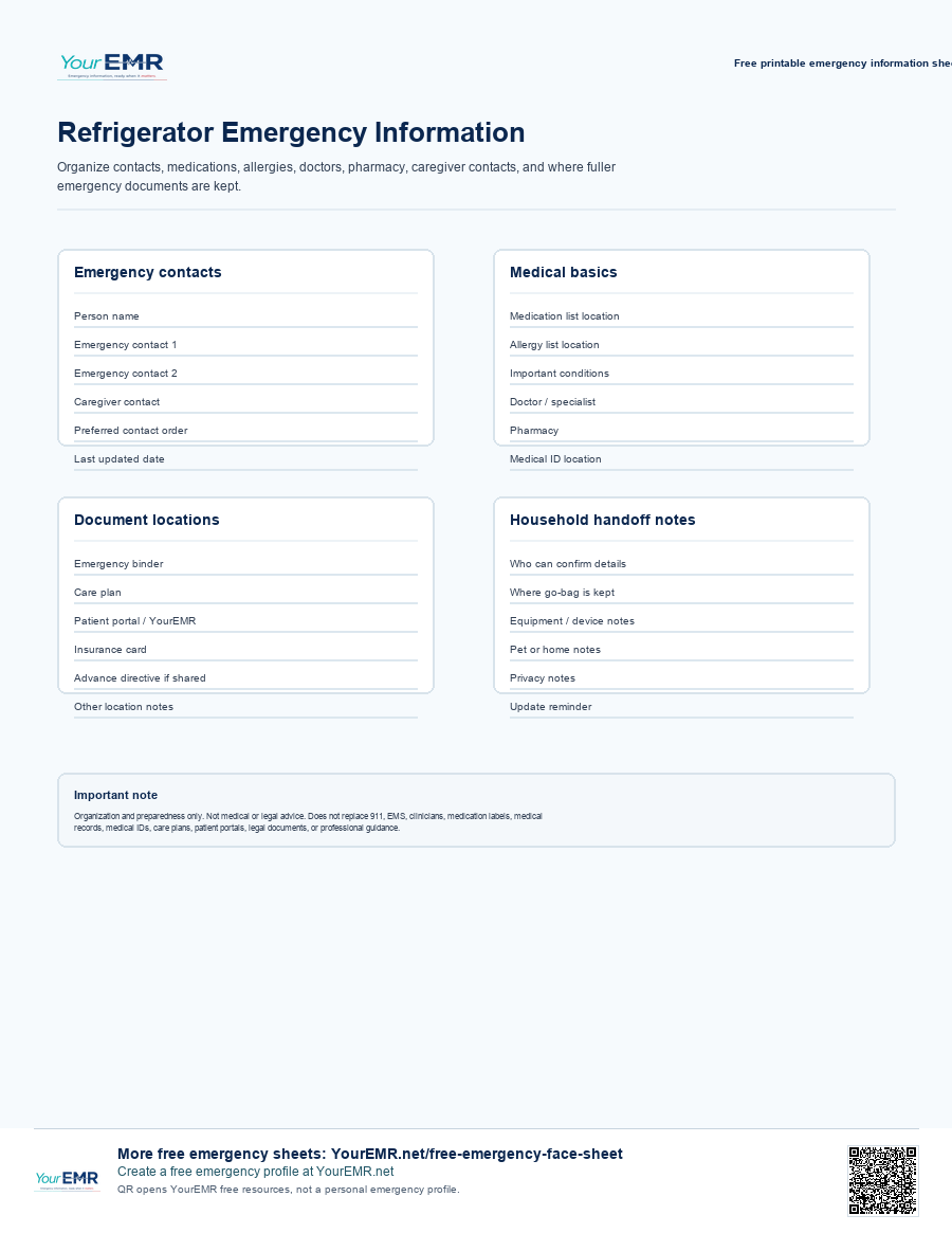 Preview of the YourEMR refrigerator emergency information sheet printable.