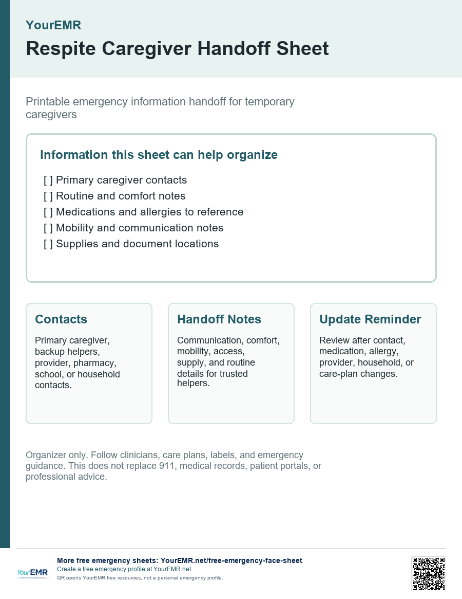 Preview of the YourEMR respite caregiver handoff sheet.