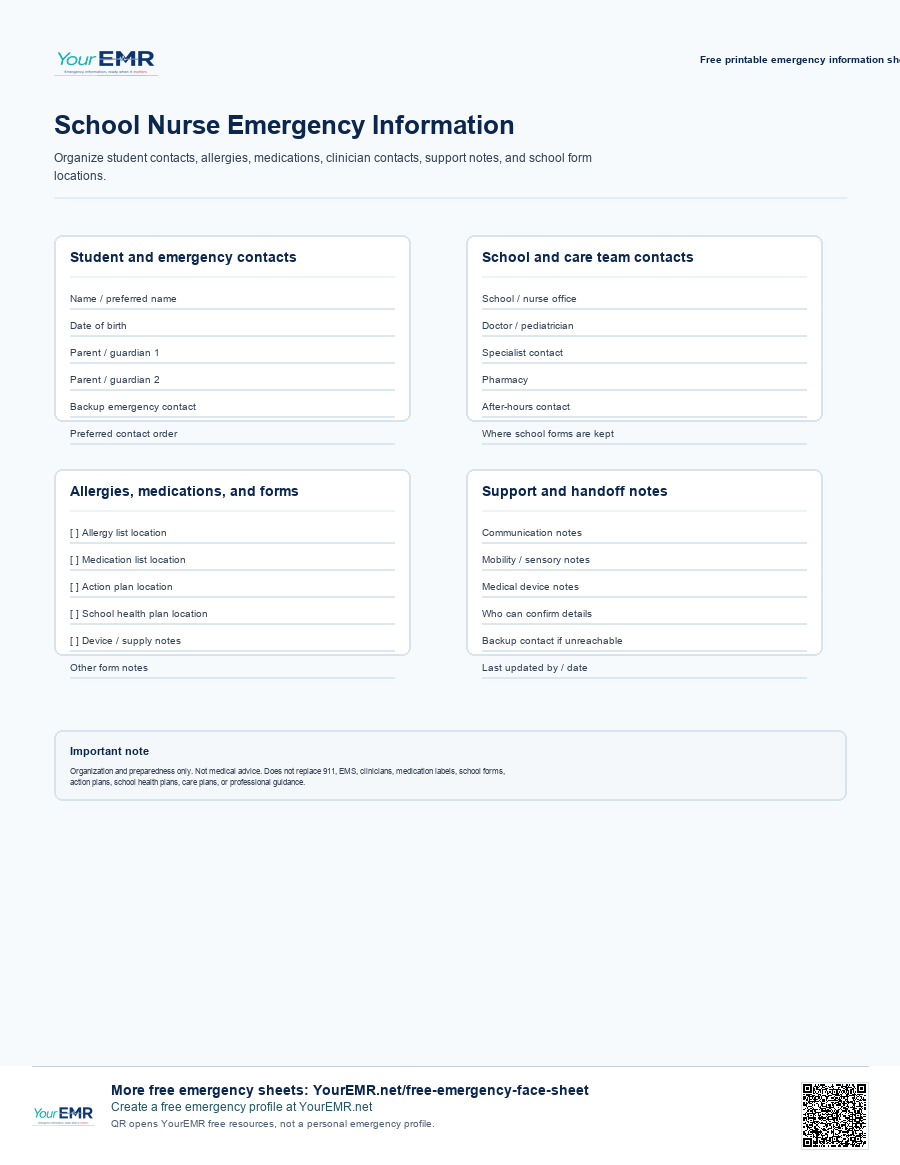 Preview of the YourEMR school nurse emergency information sheet printable.