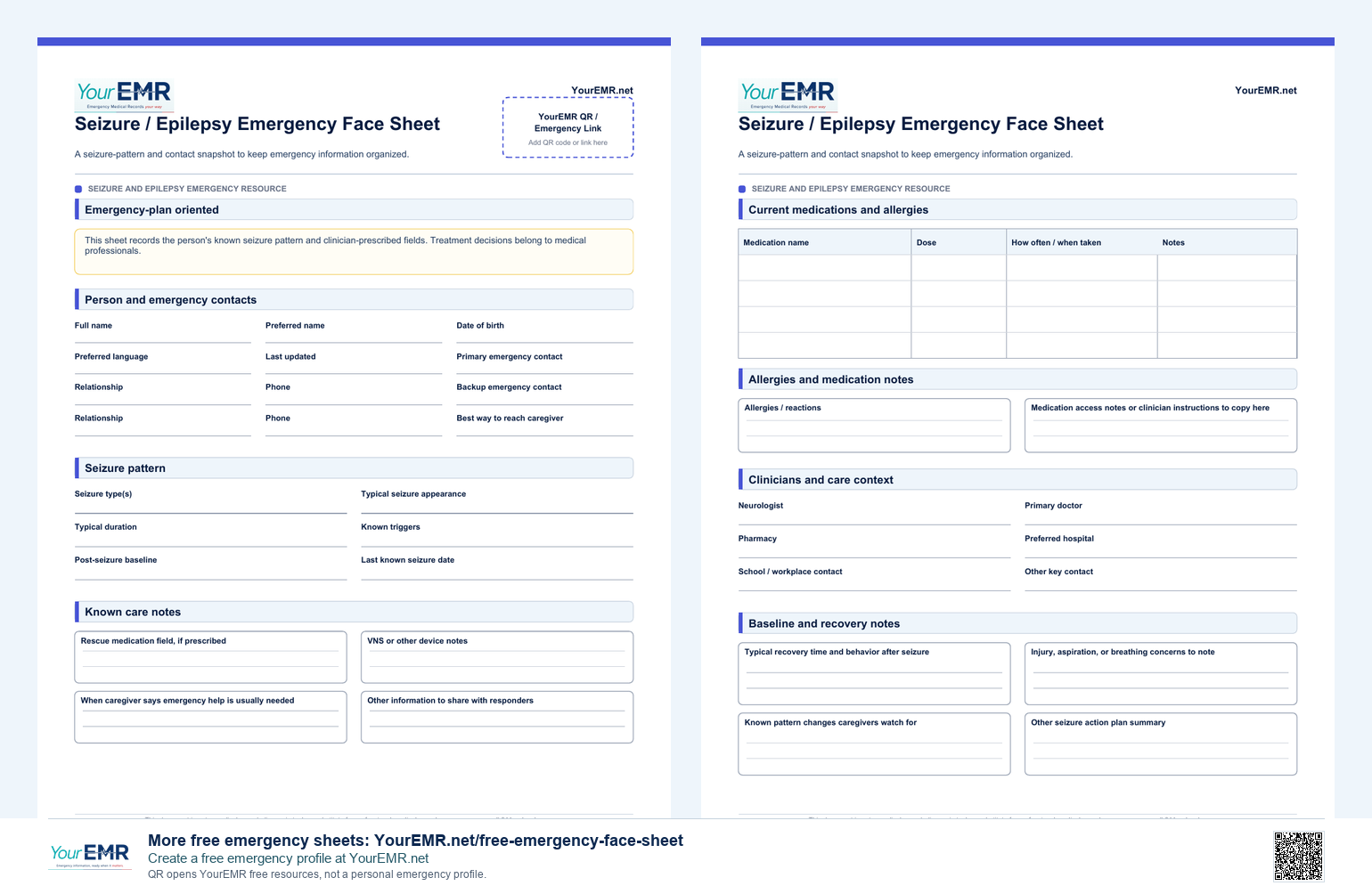 Preview of the YourEMR seizure and epilepsy emergency information sheet.