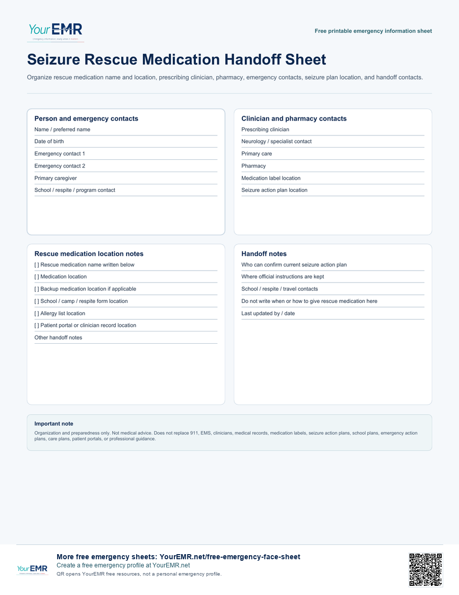 Preview of the YourEMR seizure rescue medication handoff sheet printable.