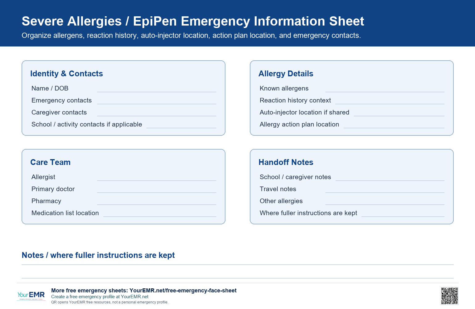 Preview of the YourEMR severe allergies and EpiPen emergency information sheet.