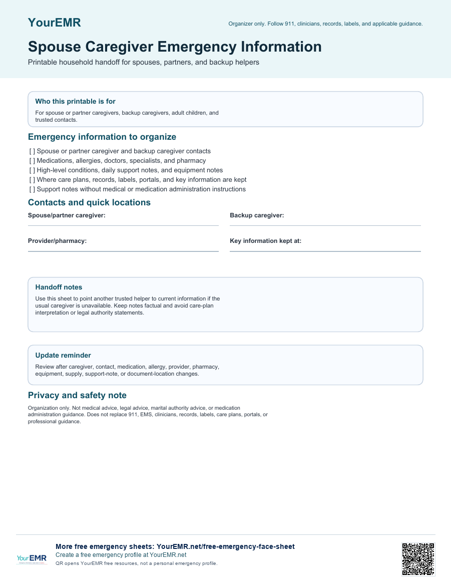 Preview of the YourEMR spouse caregiver emergency information sheet printable.