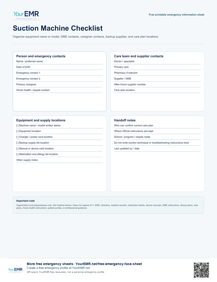 Preview of the YourEMR suction machine checklist printable.