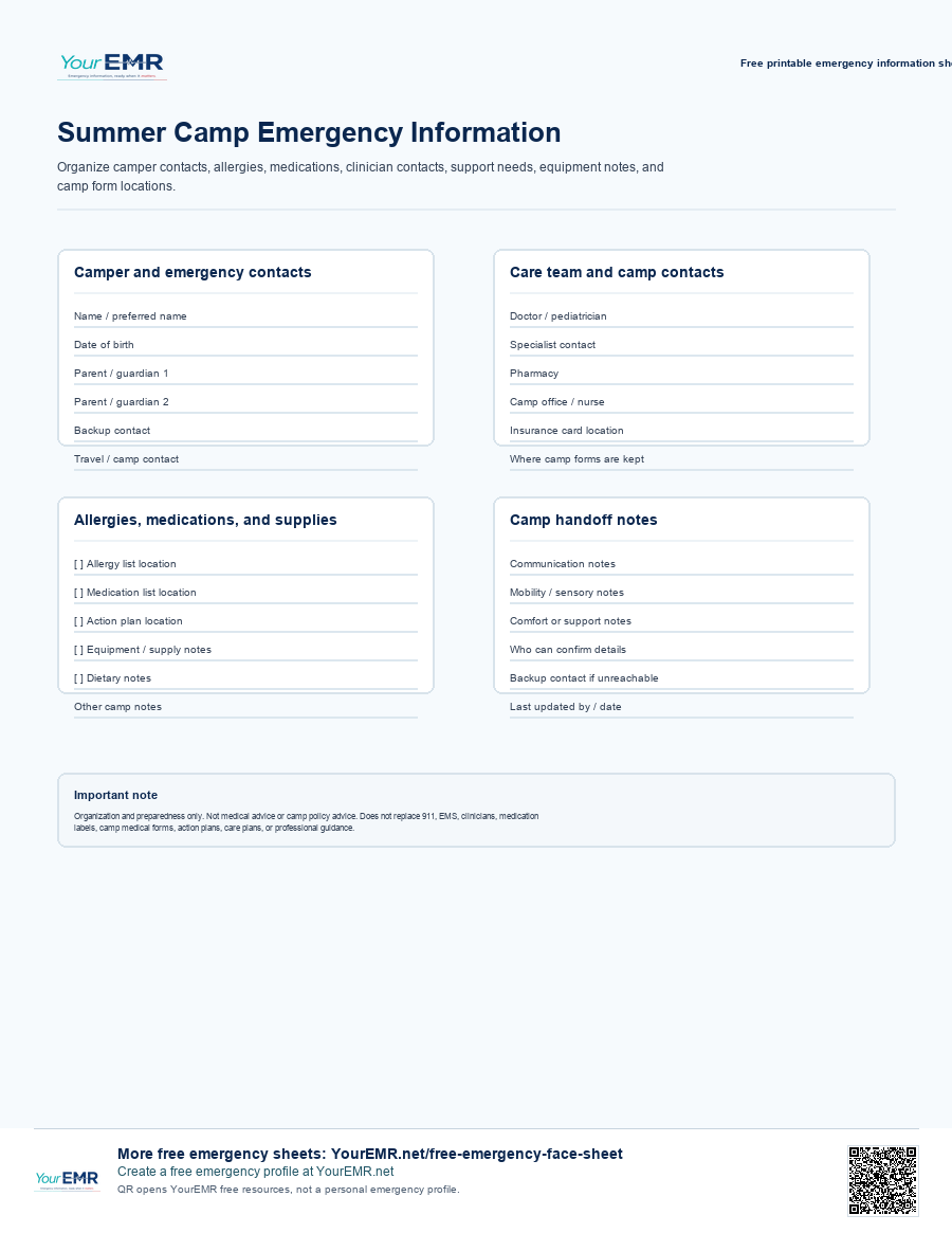 Preview of the YourEMR summer camp emergency information sheet printable.