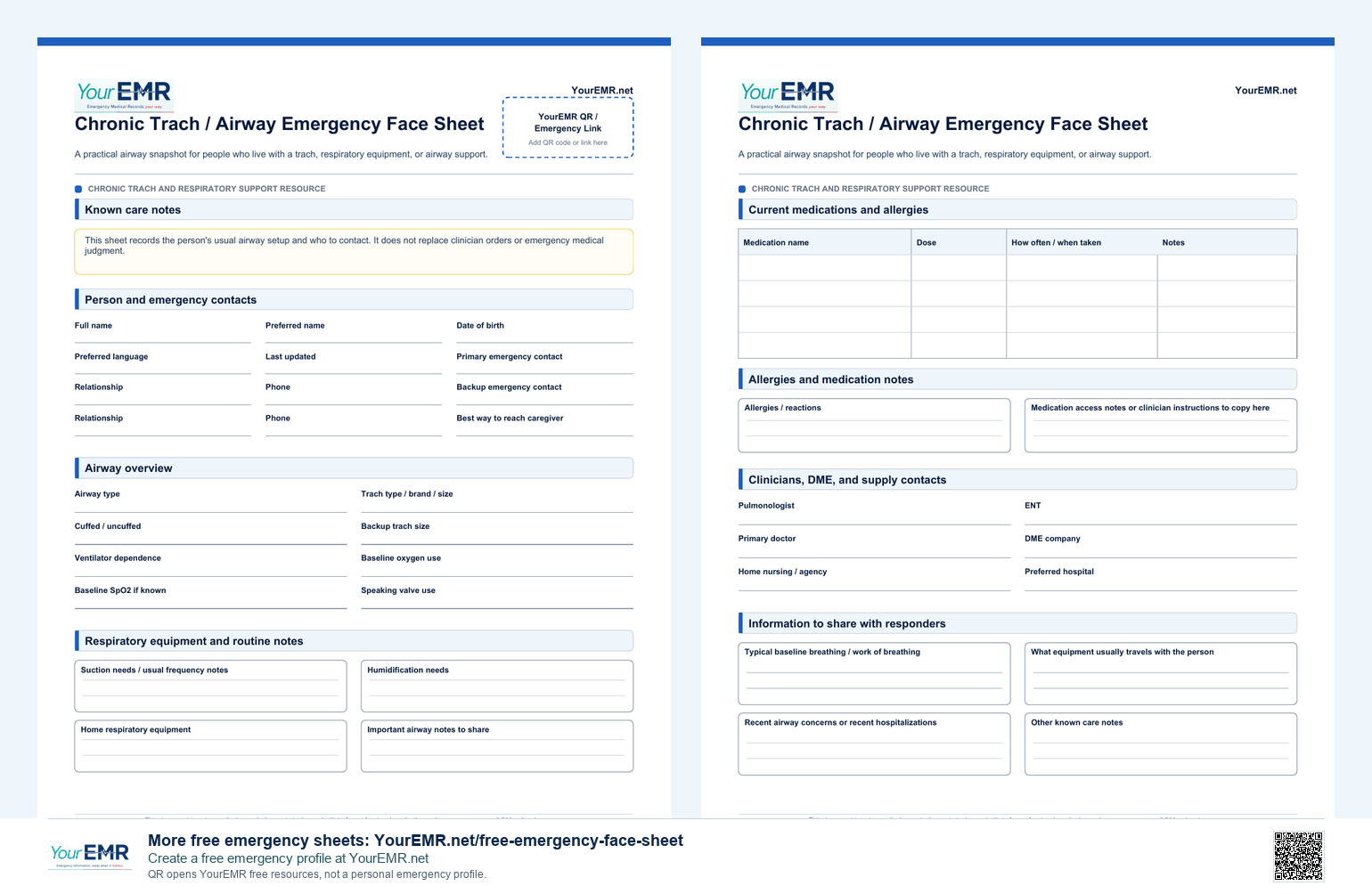 Preview of the YourEMR trach and airway emergency information sheet.