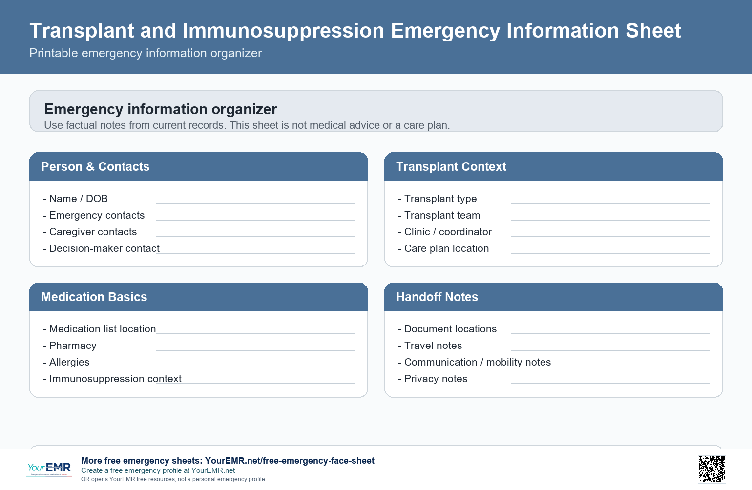 Preview of the YourEMR transplant and immunosuppression emergency information sheet.