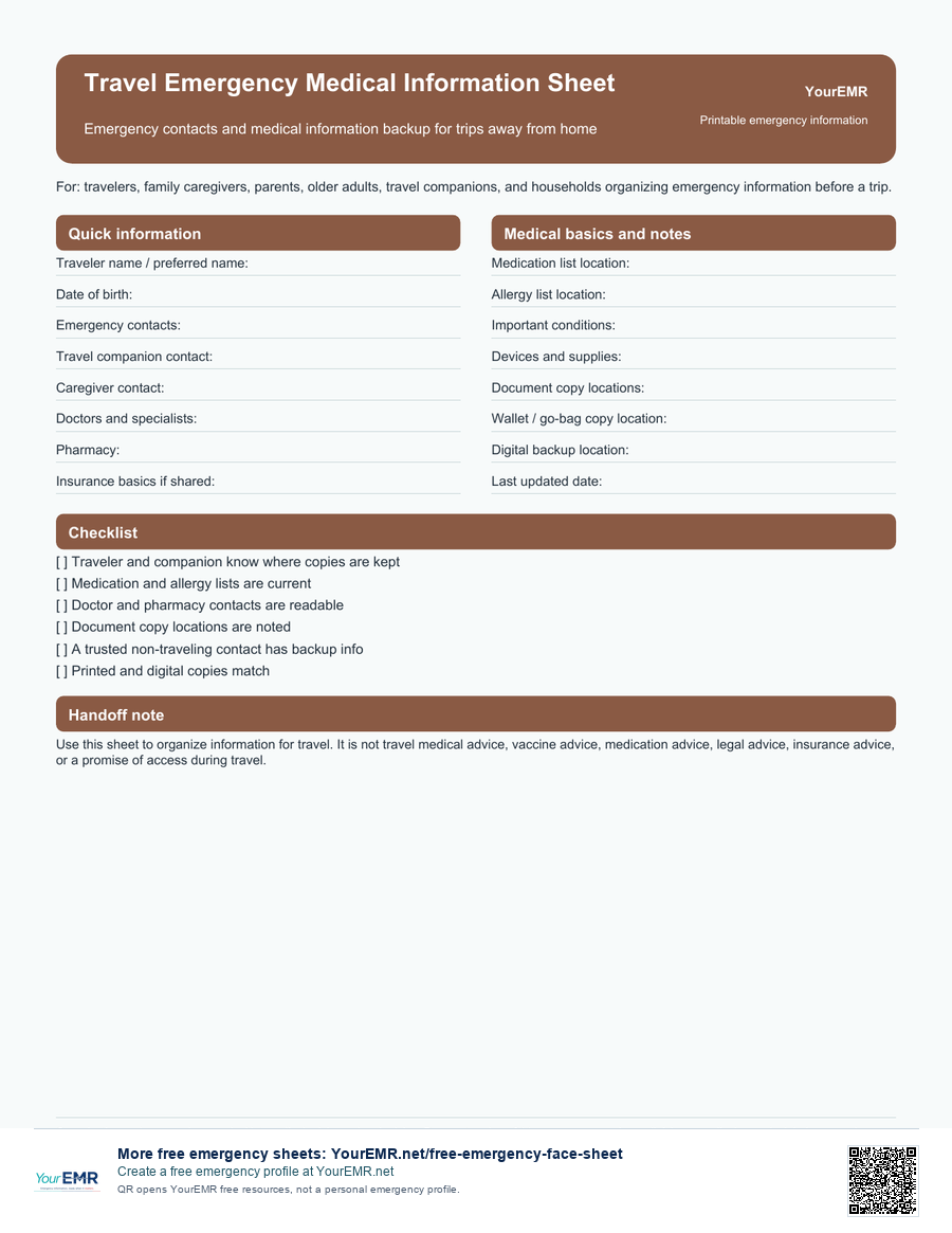 Preview of the YourEMR travel emergency medical information sheet printable.