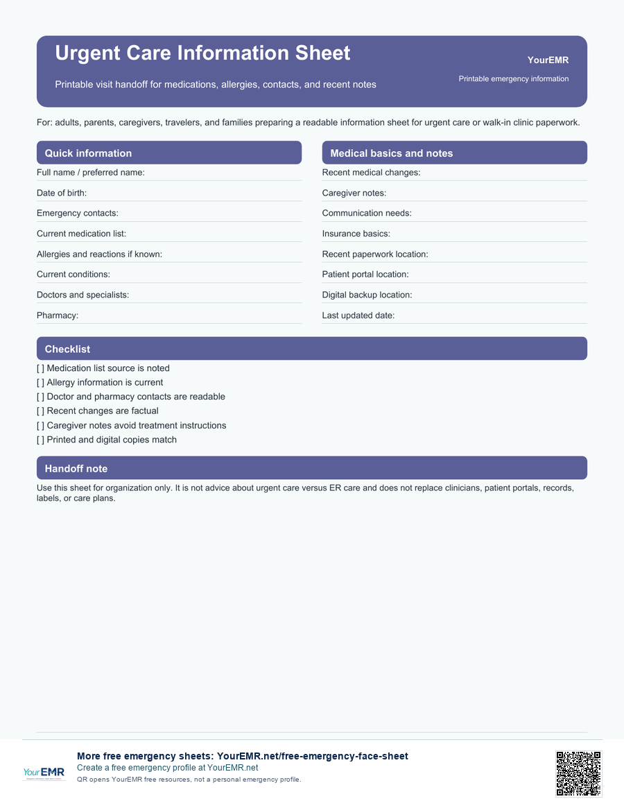 Preview of the YourEMR urgent care information sheet printable.