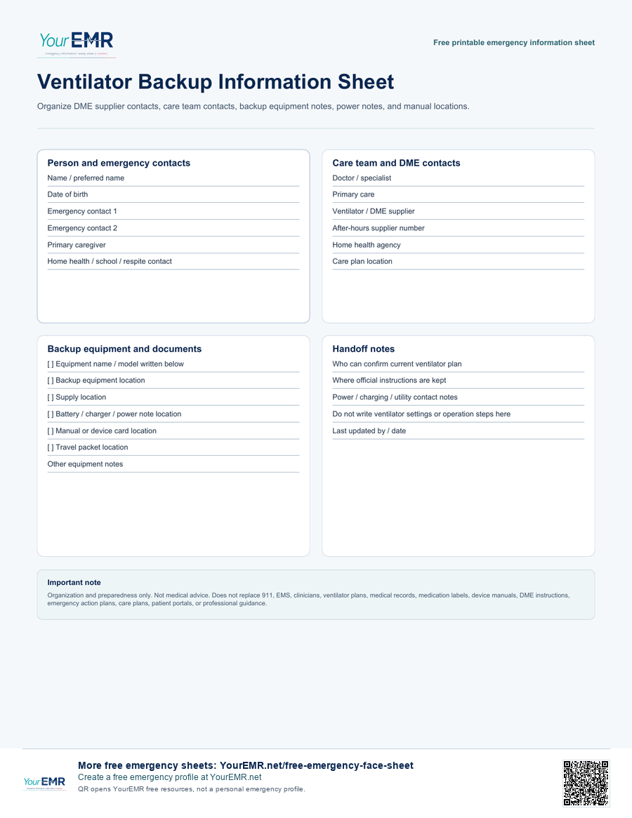 Preview of the YourEMR ventilator backup information sheet printable.