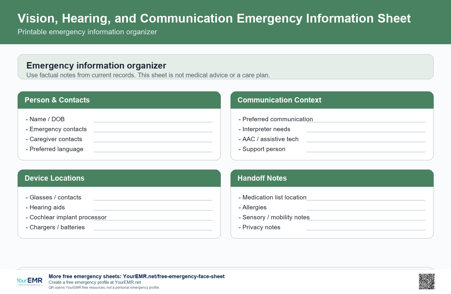 Preview of the YourEMR vision, hearing, and communication emergency information sheet.