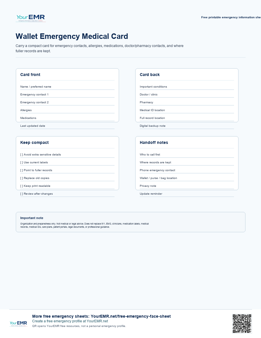 Preview of the YourEMR wallet emergency medical card printable.