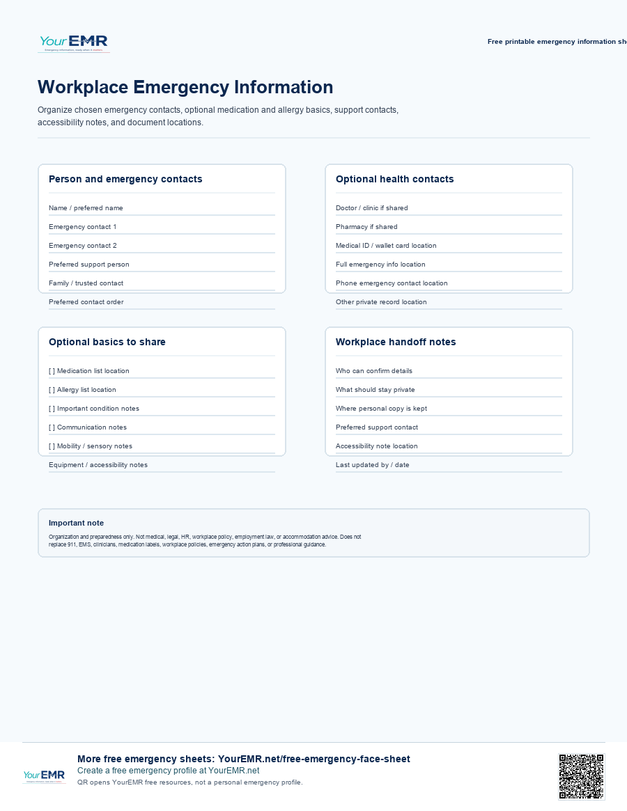 Preview of the YourEMR workplace emergency information sheet printable.