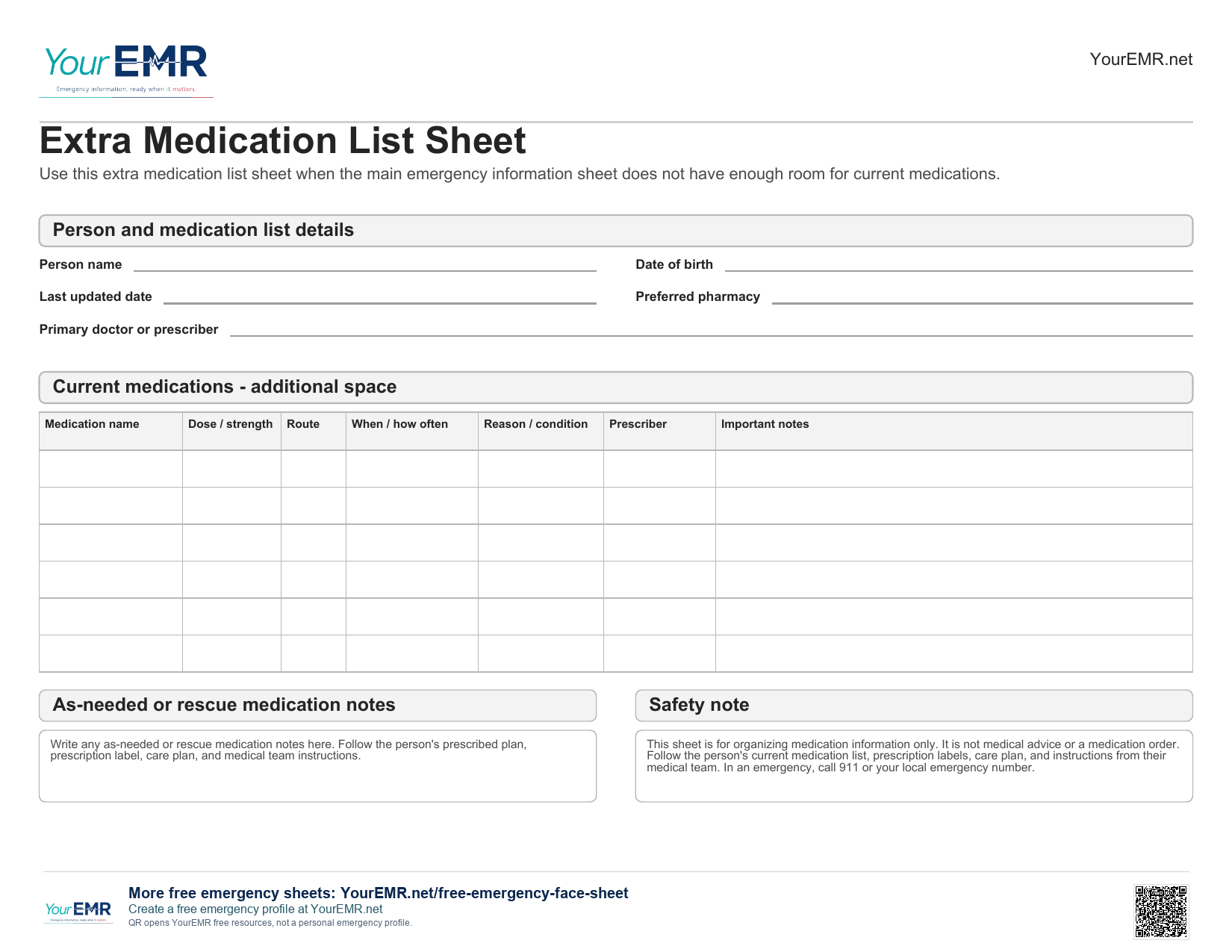 Preview of the YourEMR extra medication list sheet printable.