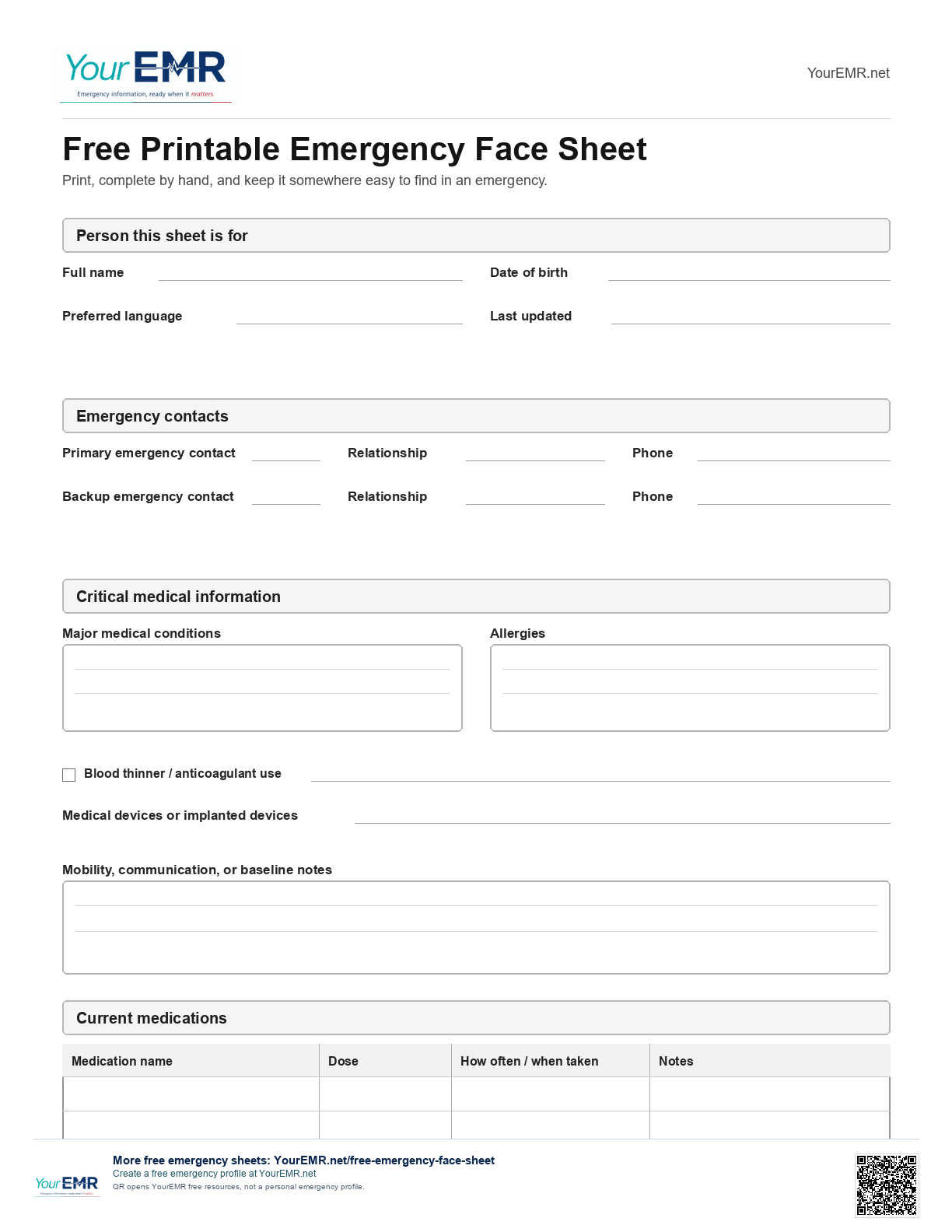 Preview of page 1 of the blank YourEMR emergency medical information sheet printable.