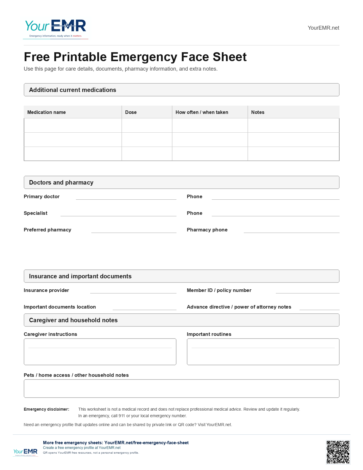 Preview of page 2 of the blank YourEMR emergency medical information sheet printable.
